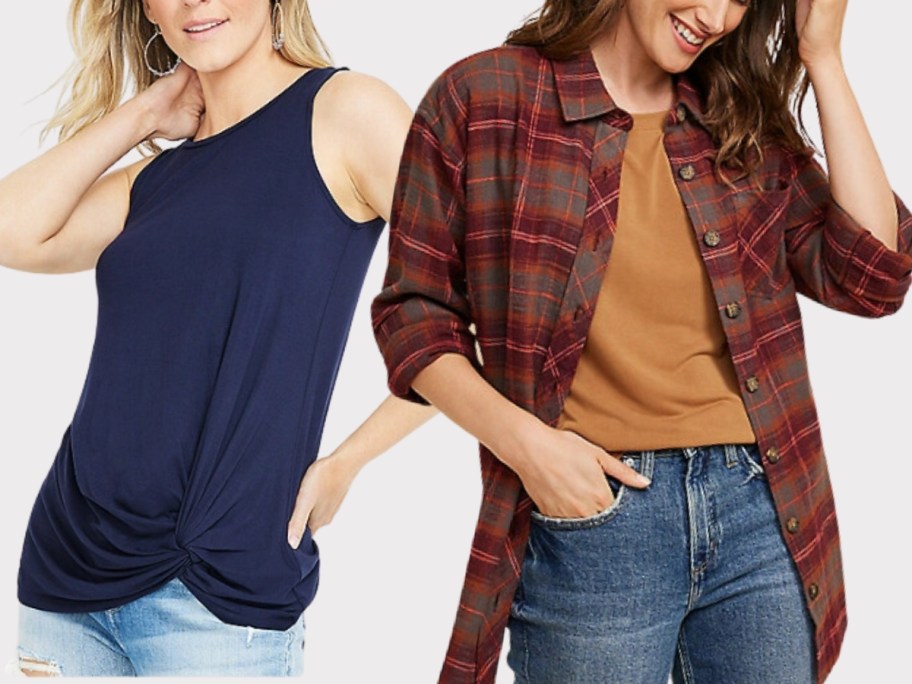 woman wearing a navy sleeveless top with jeans and woman wearing a tan tshirt with a red flannel shirt and jeans