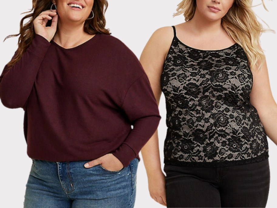 plus sized woman wearing a dark purple long sleeve blouse and jeans and another plus sized woman wearing a black lacey sleeveless top with black jeans