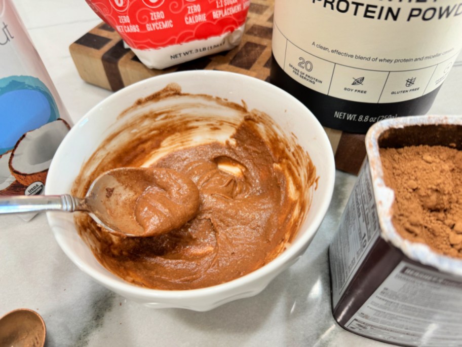 mixing protein cookie batter in a small bowl