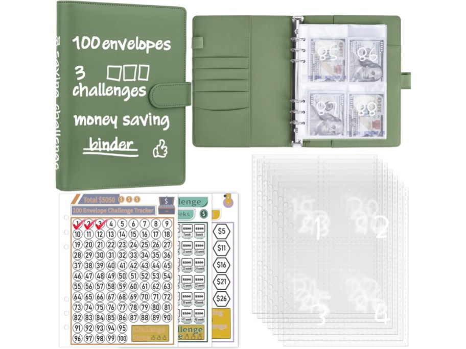 green money saving challenge binder stock image closed, open, and tackers 