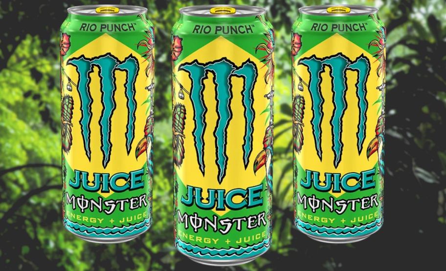 3 cans of monster rio with rainforest background