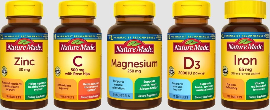 five bottles of nature made vitamins