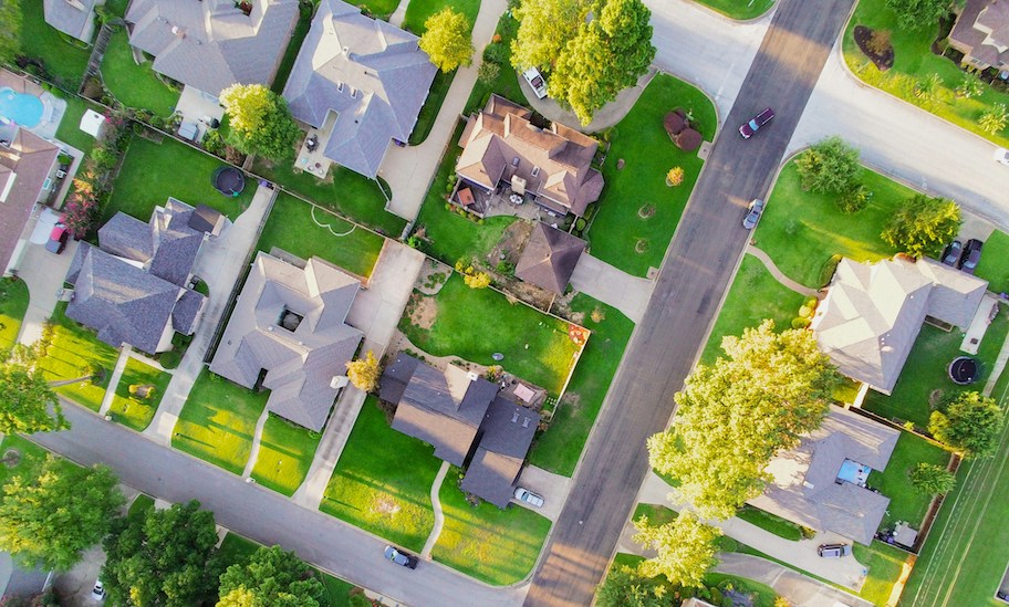 drone shot of suburban neighborhood