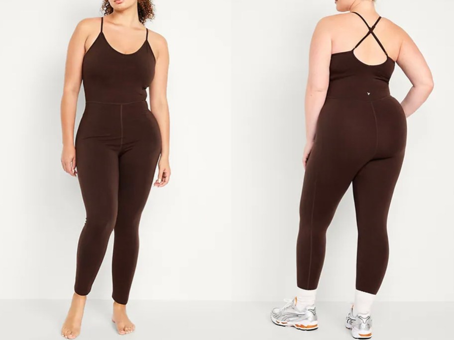 front and back image of women wearing brown bodysuits