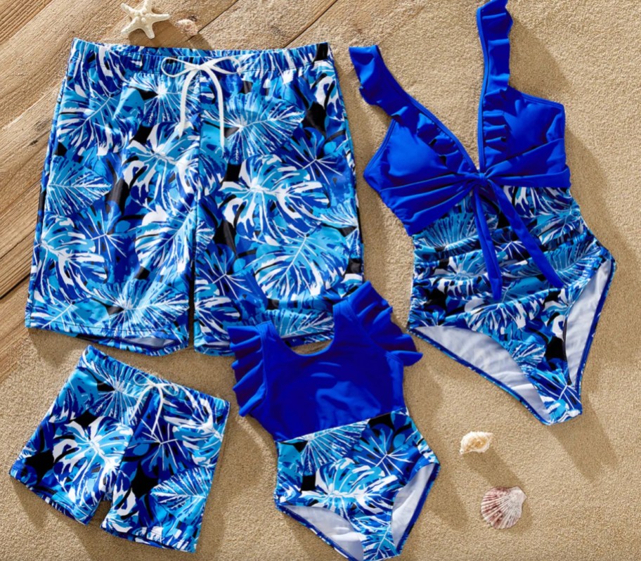 blue floral matching family swimsuits