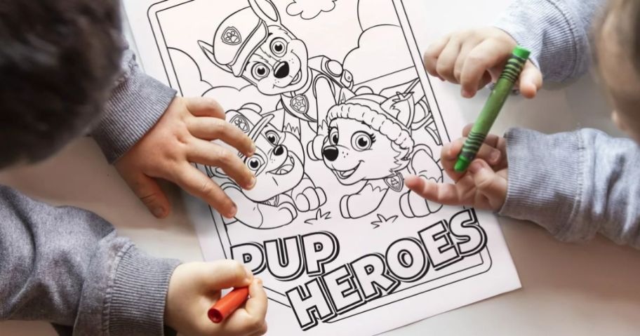 two kids coloring a page from a paw patrol coloring book