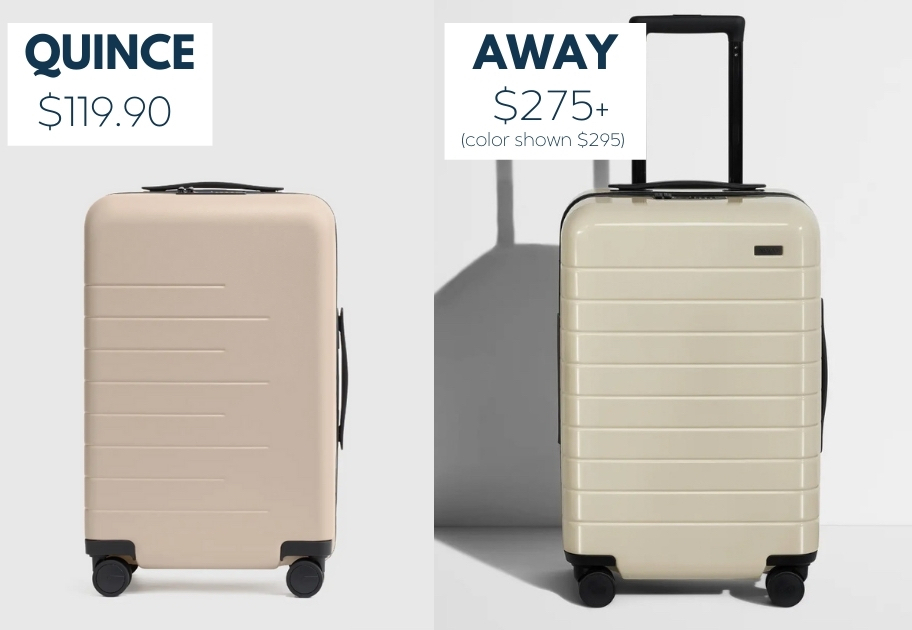 comparison graphic of quince luggage and away carry on suitcases