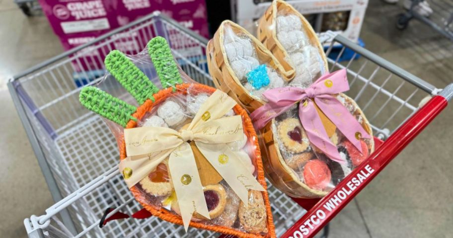 a carrot and bunny shaped cookie baskets in a costco cart