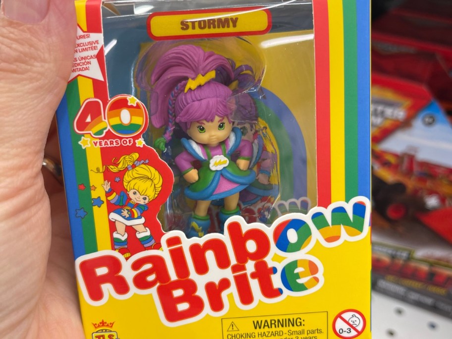 hand holding a box with a Rainbow Brite Stormy Mini Doll Figure in it