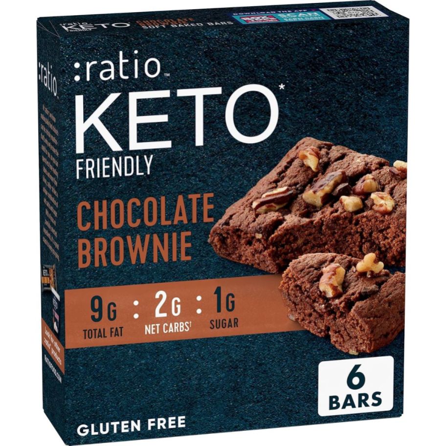 a 6 count box of ratio keto soft baked bars on white background