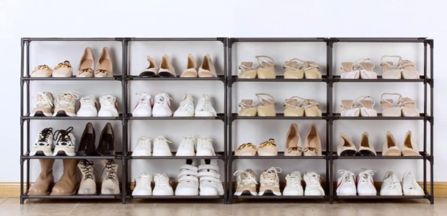 horizontal shoe rack with 40 pairs of shoes