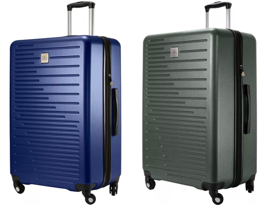 blue and green spinner luggage stock images