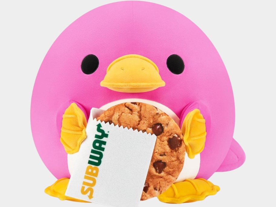Snackles plush Platypus with a plush Subway chocolate chip cookie