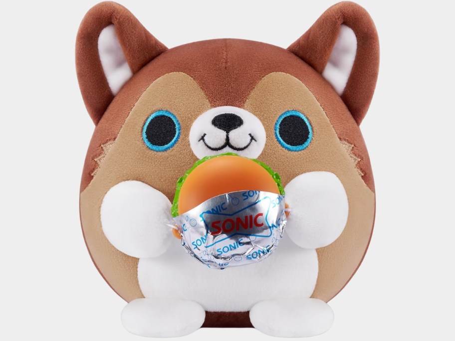 Snackles plush puppy dog with a plush Sonic Burger