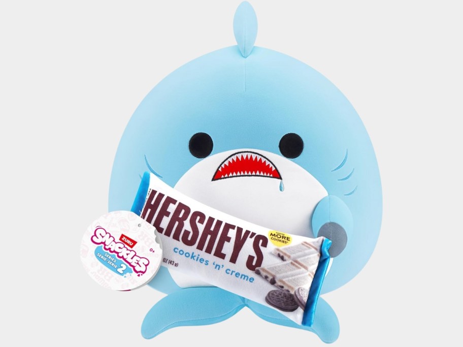 Snackles plush Shark with a plush Hershey's Cookies & Cream Bar