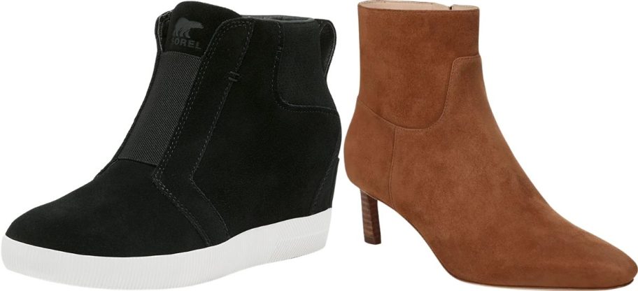 black wedge bootie and brown suede bootie