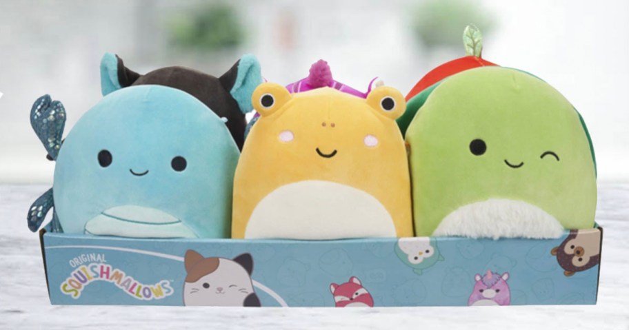 box of squishmallows laying on countertop