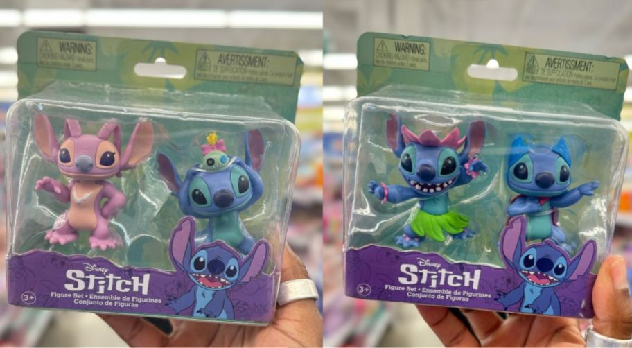 a womans hand holding packages of stitch figures 