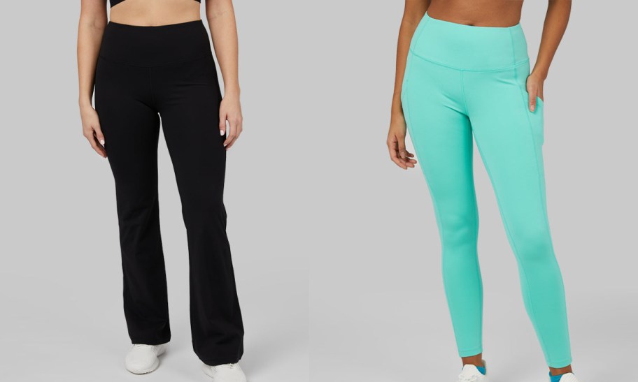 stock images of models wearing 32 degreess black flair and green leggings