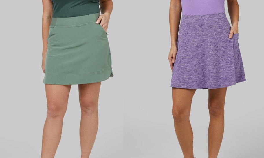 stock images of models wearing 32 degreess skorts in green and purple