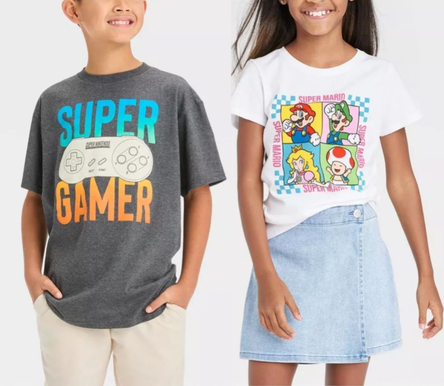 two kids wearing super mario tees from target