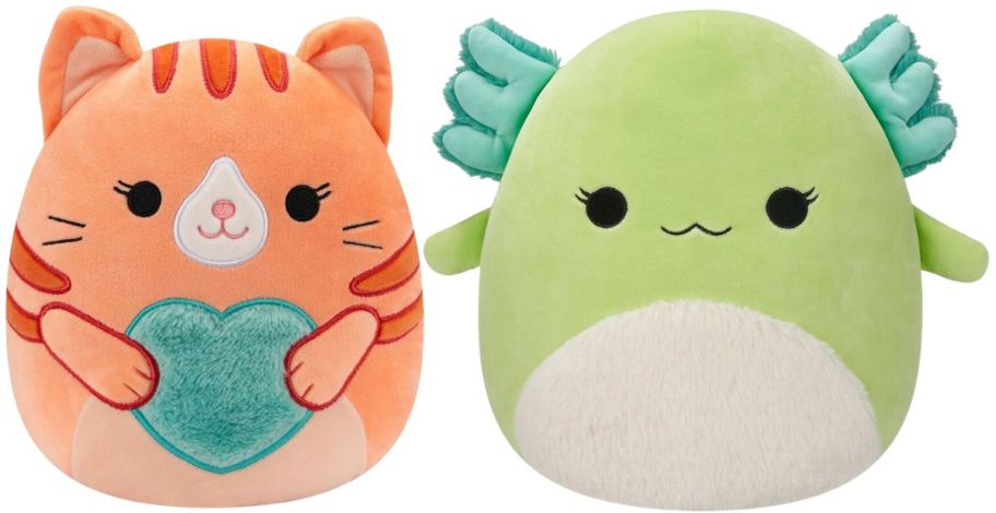 tabby cat and axolotl squishmallows on a white background