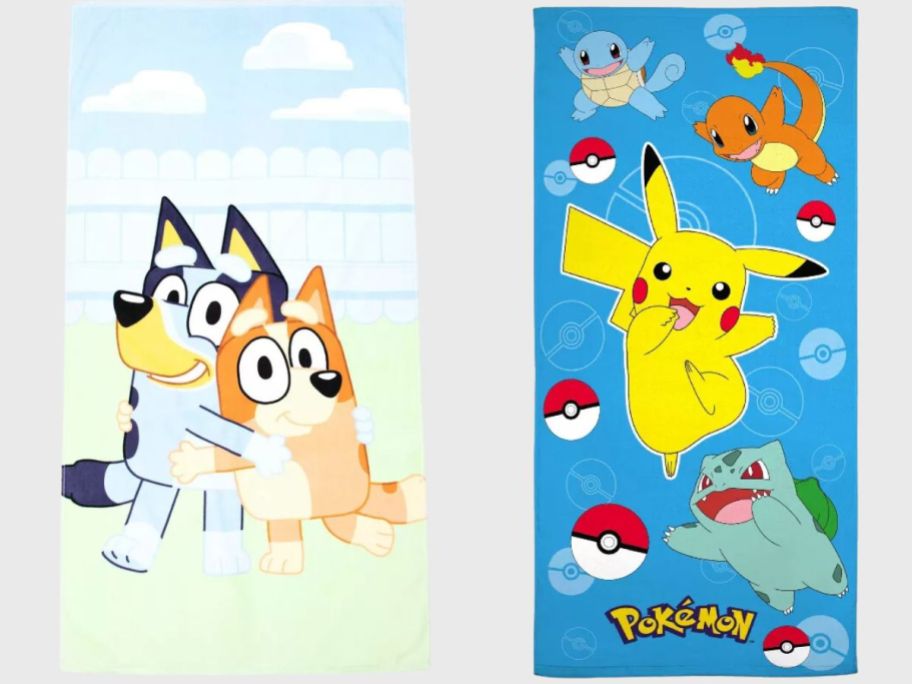 Bluey and Pokemon beach towels