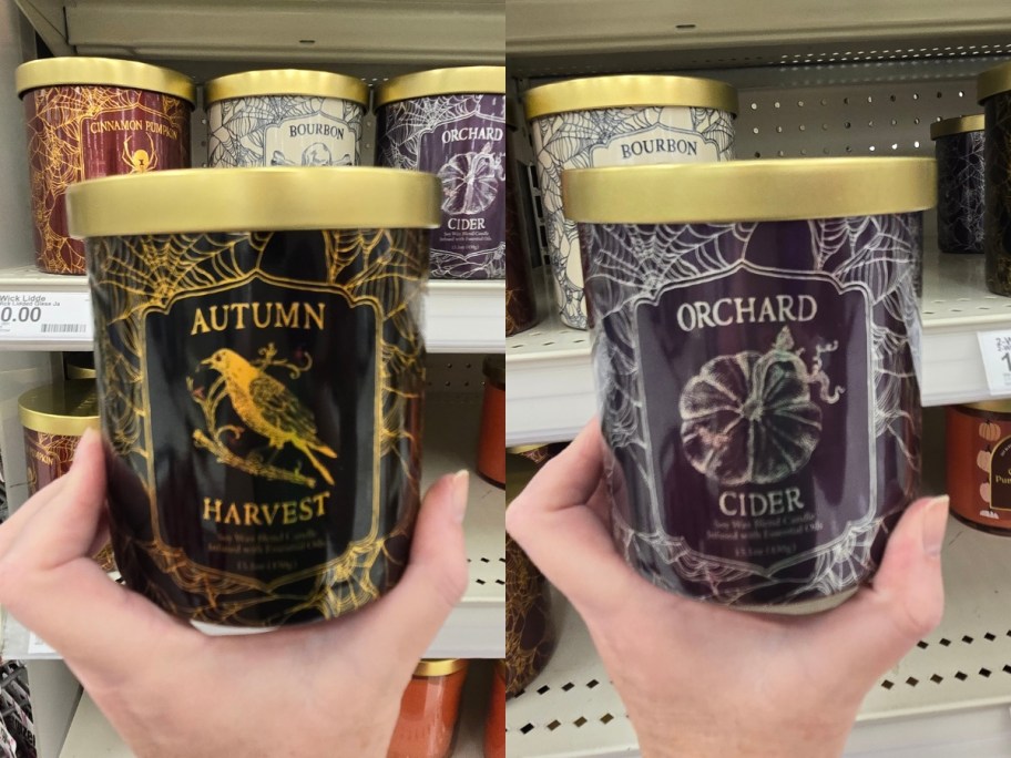 side by side image of hands holding Halloween/Fall Jar Candles with gold lids and Halloween style labels