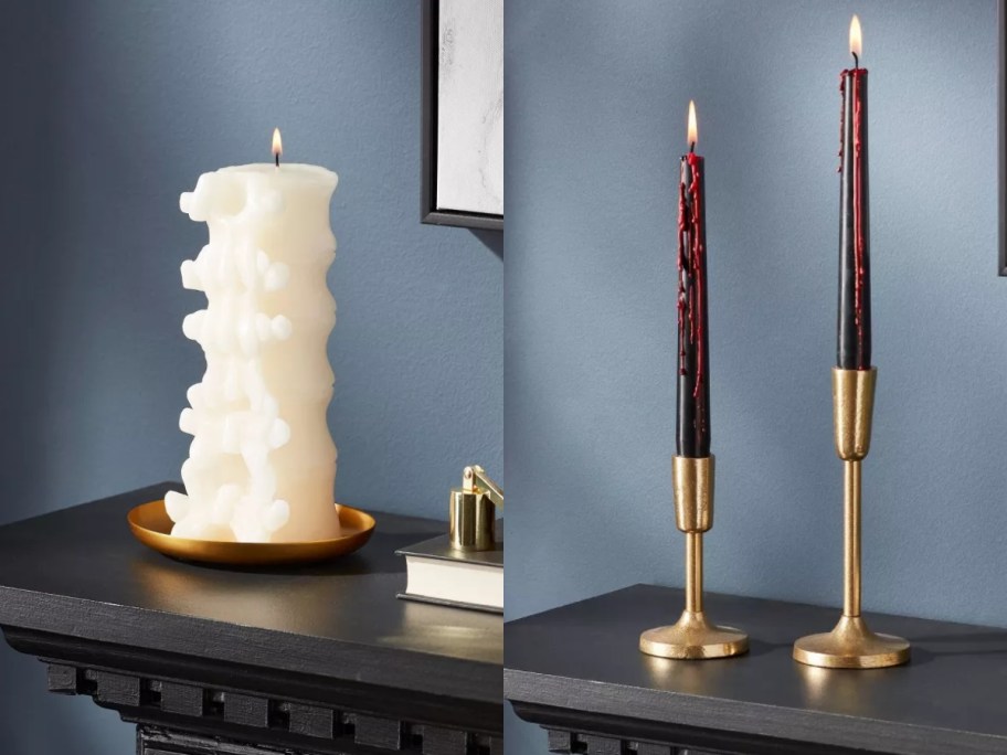 side by side image of a white vertebrae candle and a 2 black bleeding red blood taper candles on gold plates on black mantles