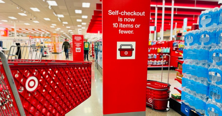 target self checkout sign and cart