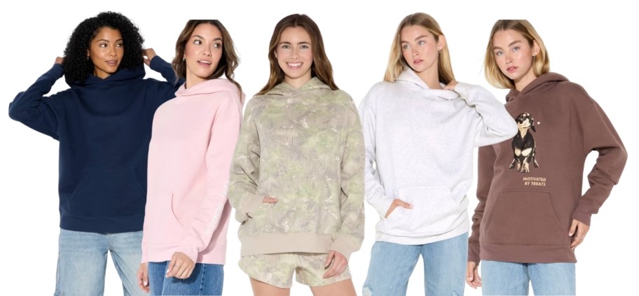 women modeling various styles of oversized sweatshirts 