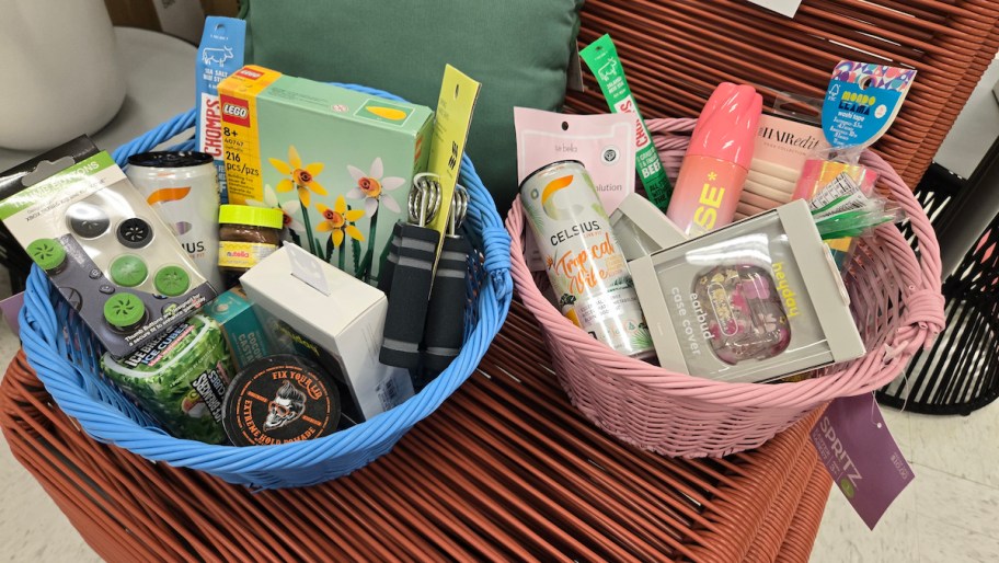 two easter baskets filled with snacks and toys