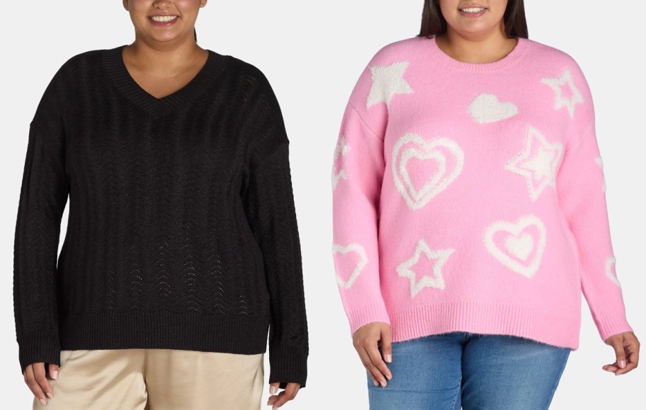 two women wearing black and pink sweaters 