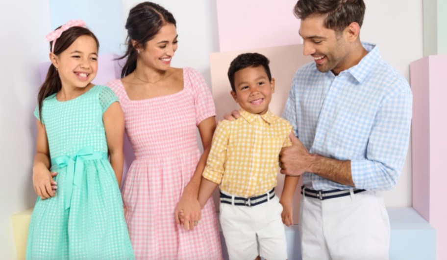family wearing matching gingham easter outfits