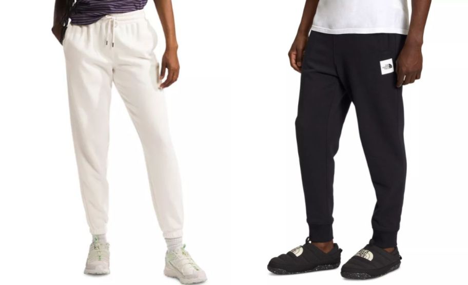 two people wearing the north face joggers on white background