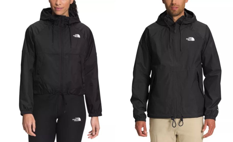 a man and a women wearing the north face jackets 