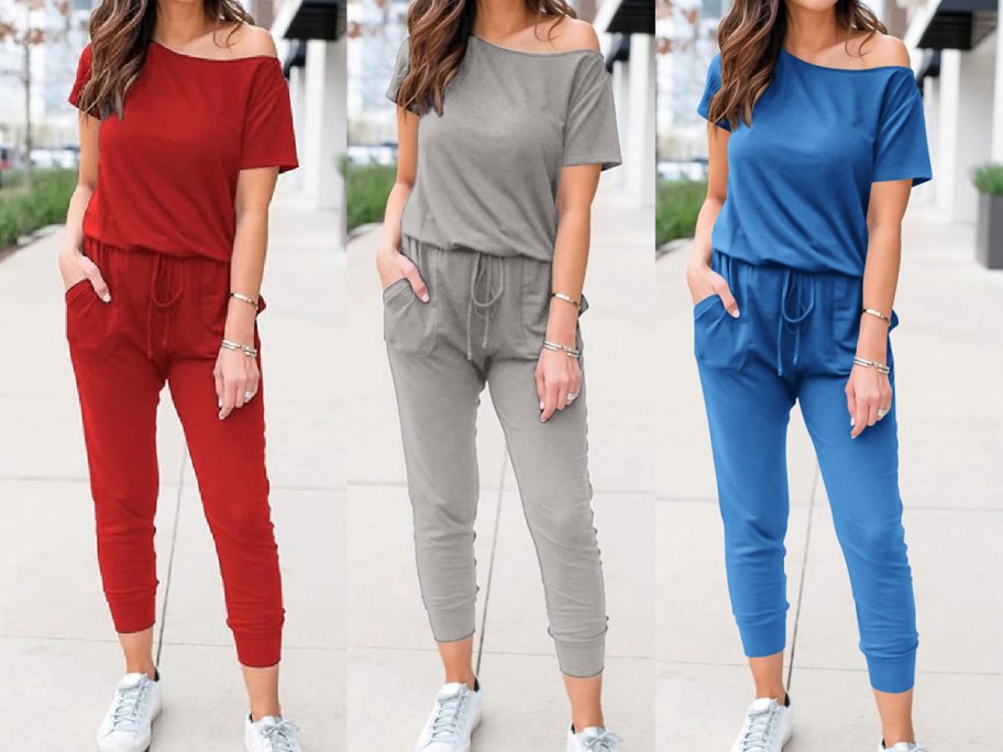  three stock images of different color off the shoulder jumpsuits