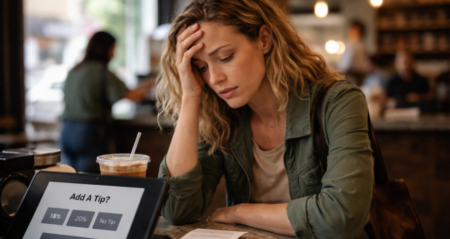woman with hand on forehead with tablet screen with tipping prompt