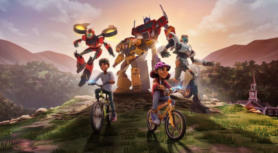 transformers earth spark animated characters on a mountain top