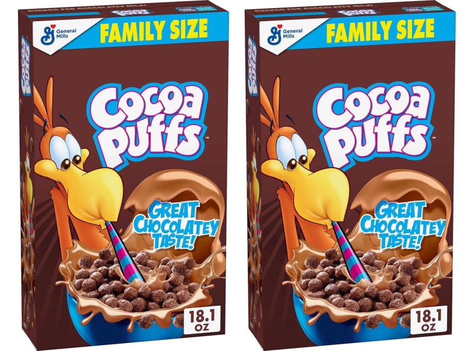 two stock images of Family-Size Cocoa Puffs Chocolate Breakfast Cereal