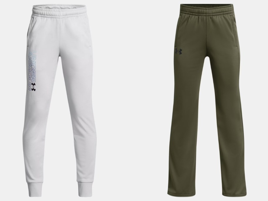 boy white Under Armour joggers and army green fleece pants