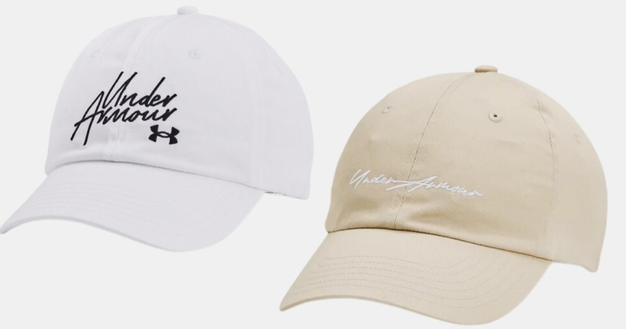 white and tan women's Under Armour logo baseball caps