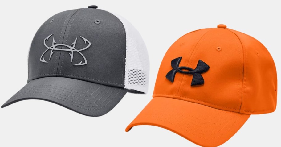 men's Under Amour logo hats - grey and white trucker style and orange and navy regular style