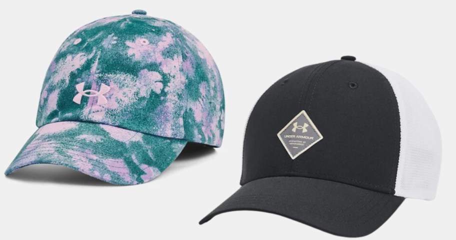 pink and green tie dye style women's Under Armour hat and black and white trucker style men's Under Armour hat