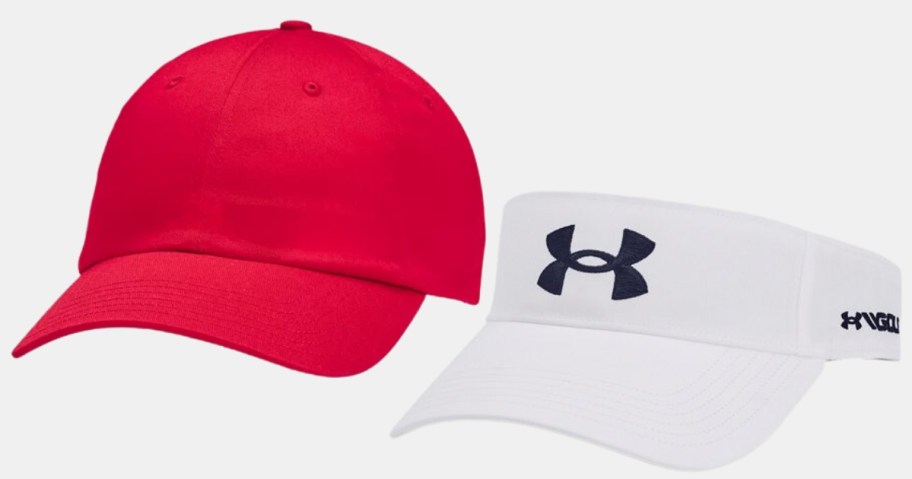 red color men's Under Armour baseball cap and black and white men's Under Armour visor