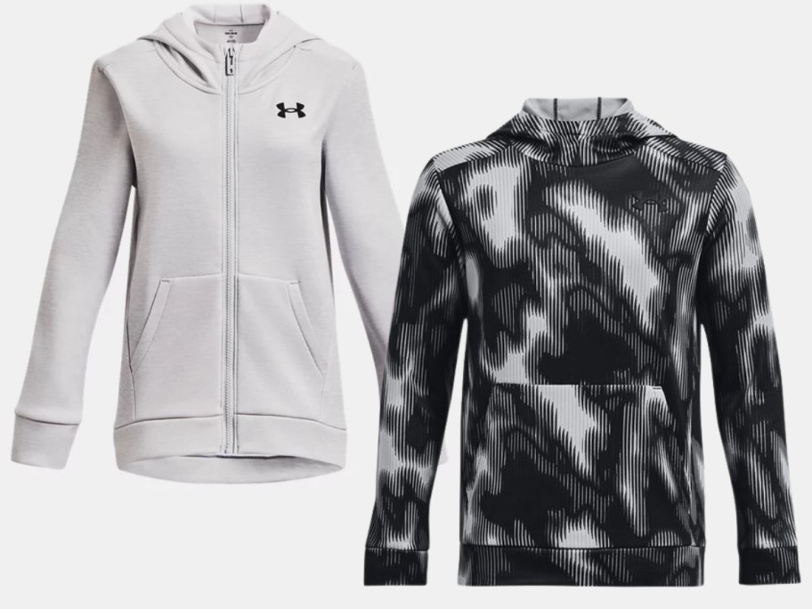 girl's white zip up Under Armour hoodie and boy's black and white print Under Armour hoodie
