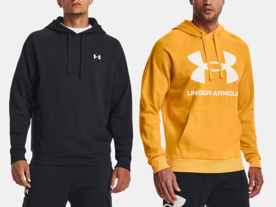 men wearing different color Under Armour hoodies, 1 in black and 1 in bright yellow/orange