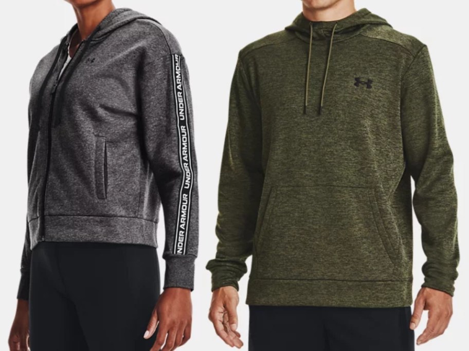 woman wearing a grey zip up Under Armour hoodie and man wearing a dark green Under Armour hoodie