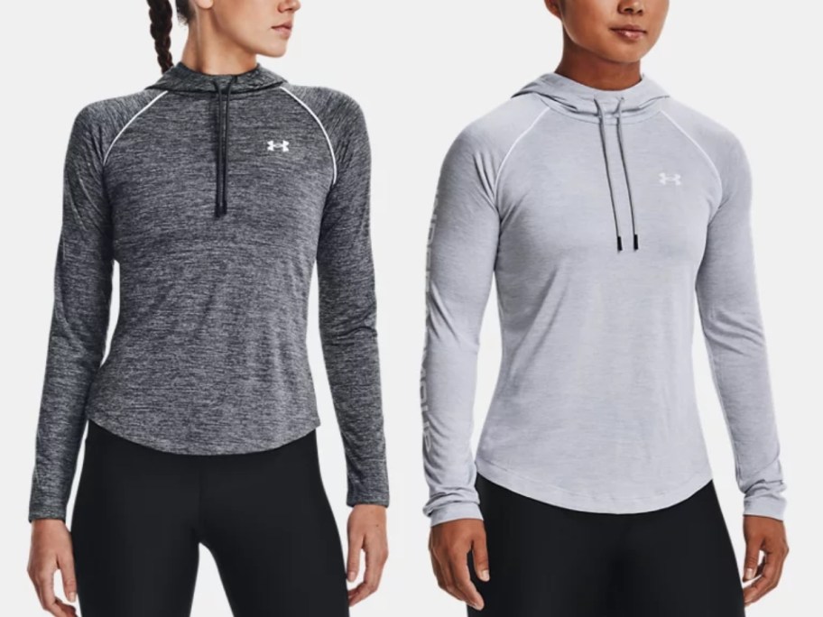 women wearing different colors of grey Under Armour hoodies