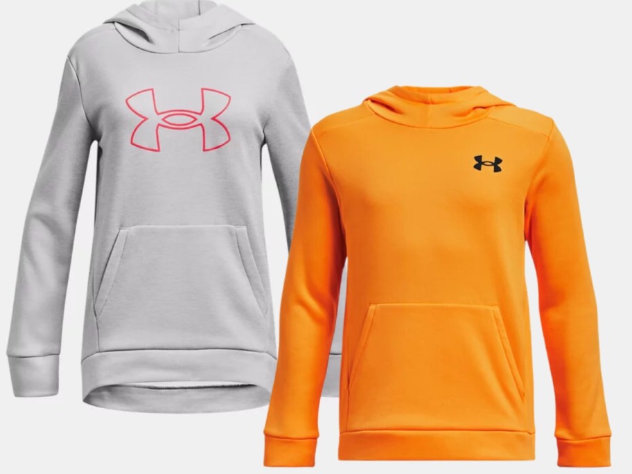 grey and pink and bright orange kid's Under Armour hoodies